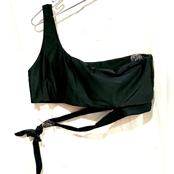 SIDE TIE SWIM TOP black One Shoulder bikini bathing suit top (only) sizeL NEW - Picture 2 of 8
